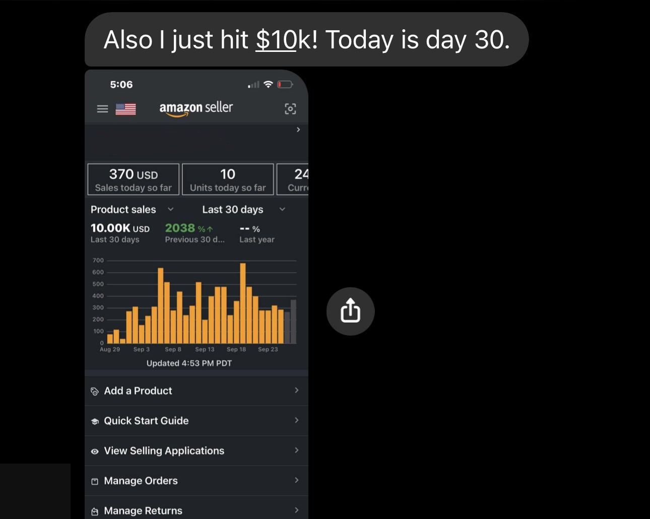 Seller Central screenshot sent by Steven on day 30